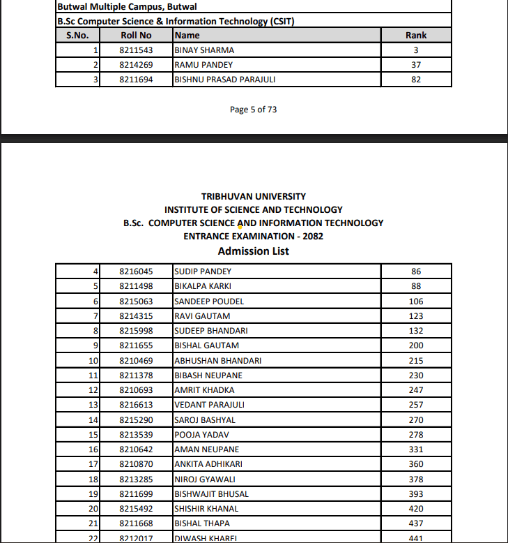 B.Sc.CSIT Entrance Exam - 2082, 1st Admission List Notice	