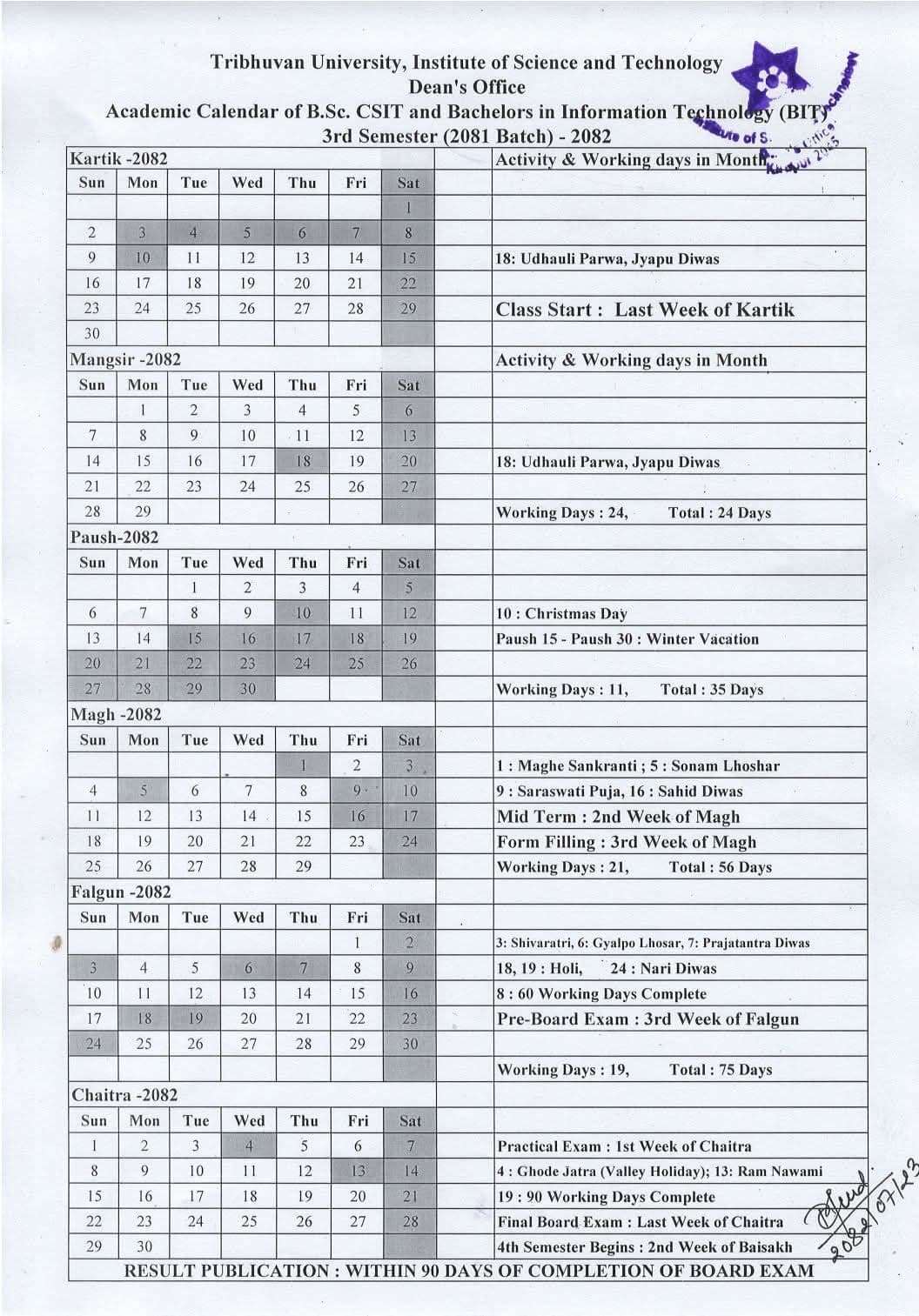 B.Sc. CSIT 3rd Semester Academic Calendar (New)