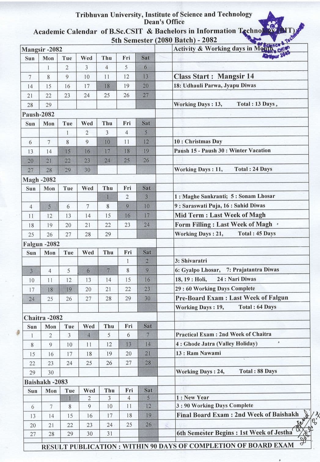 Academic Calendar of B.Sc.CSIT 5th Semester( 2080 Batch)
