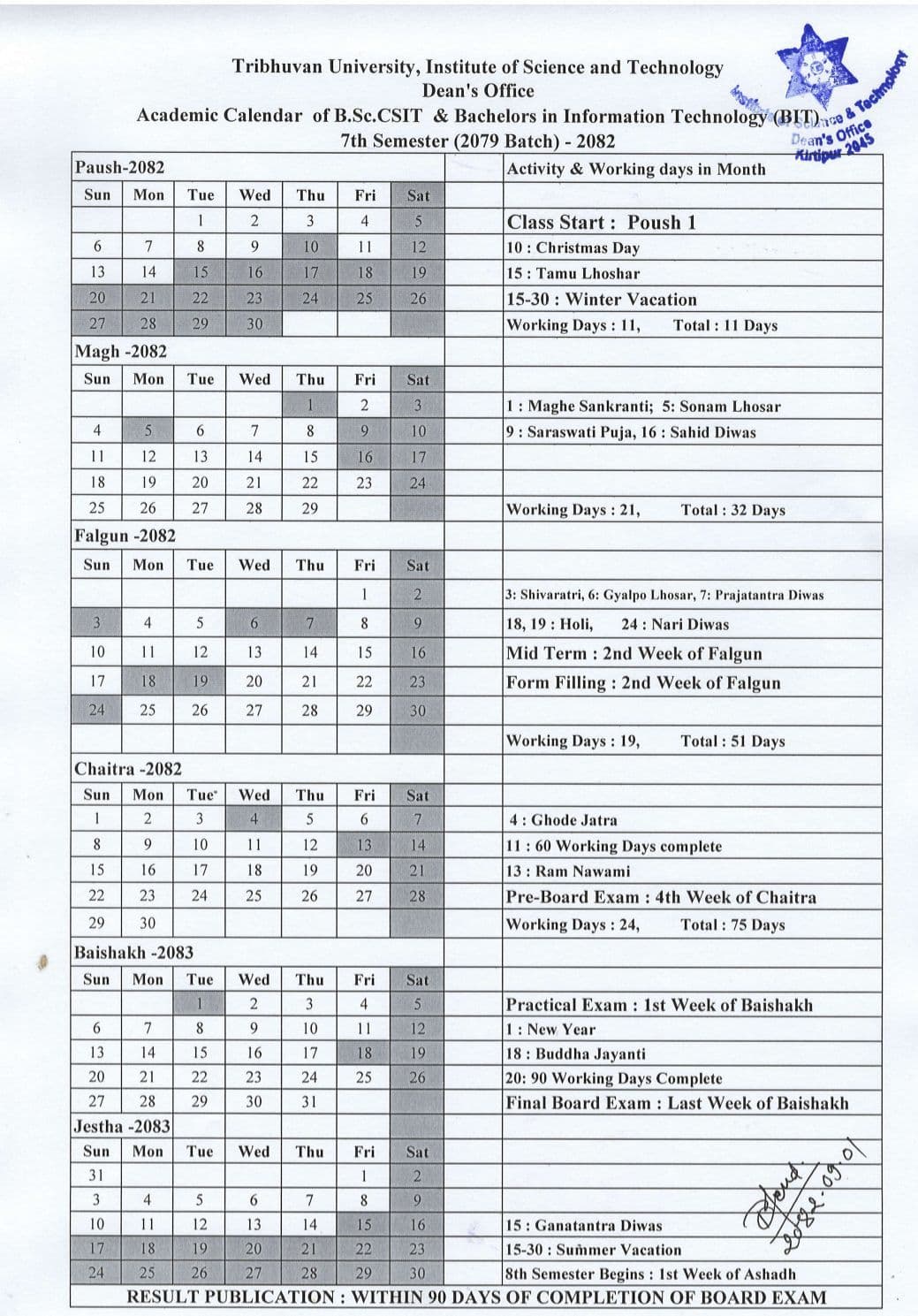 Academic Calender of Bsc.csit 7th sem