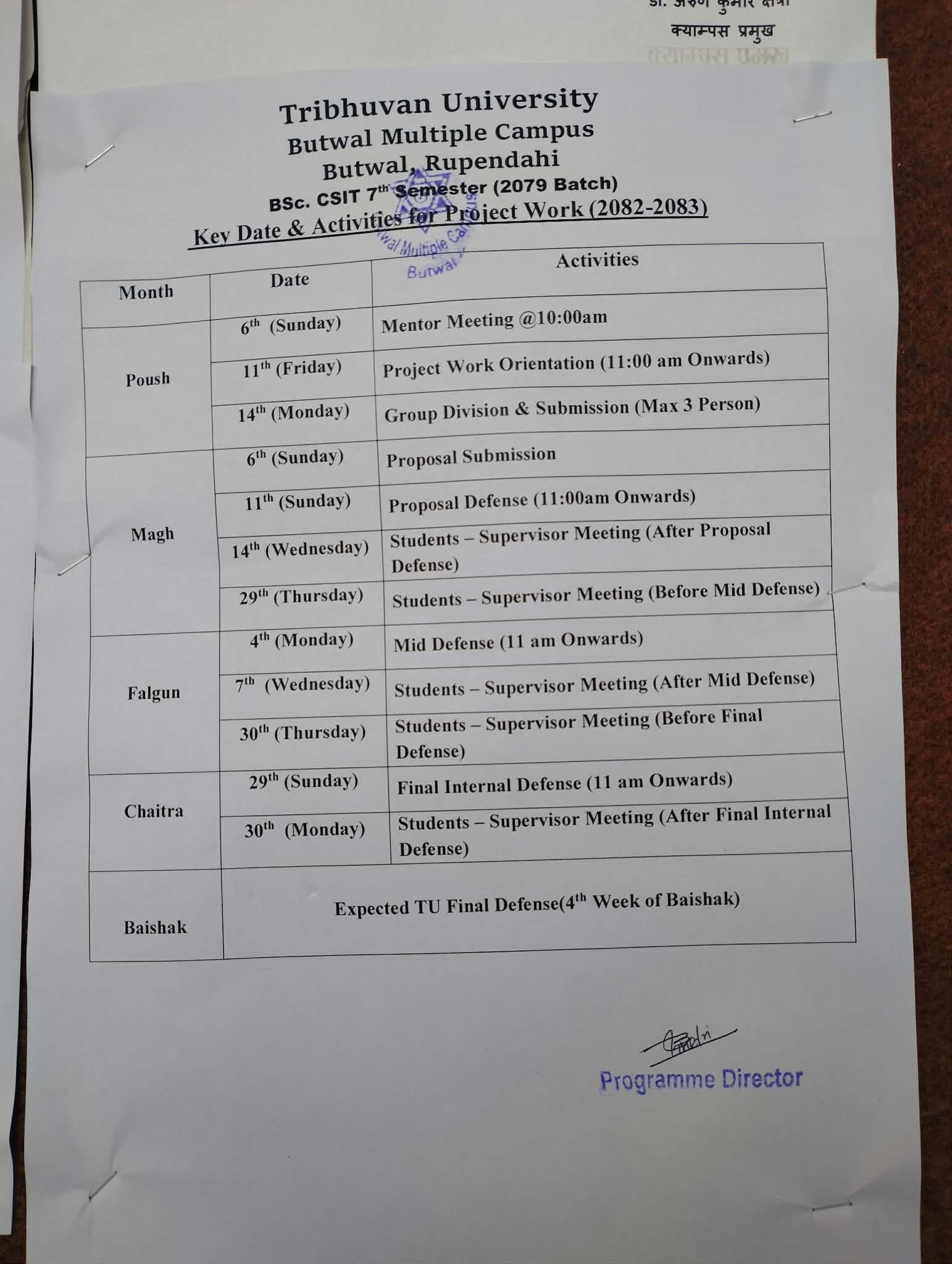Project Work Schedule & Key Dates – BSc CSIT 7th Semester (2079 Batch)