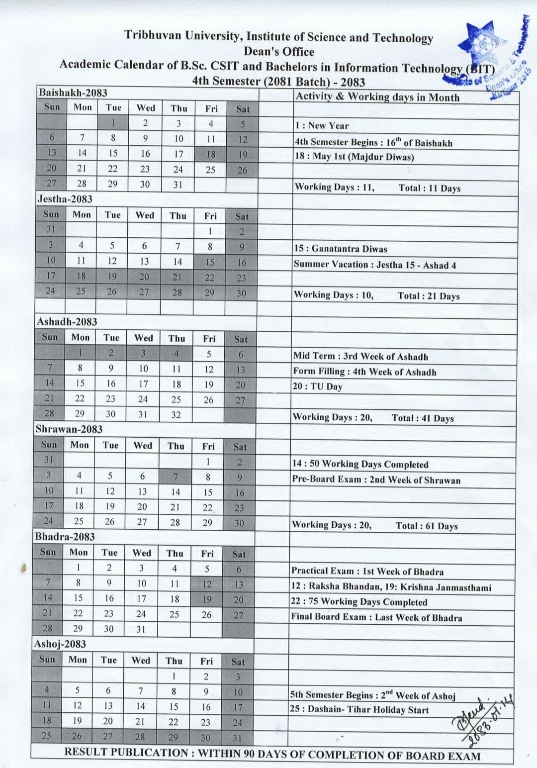 Academic Calendar of B.Sc.CSIT 4th Semester( 2081 Batch)