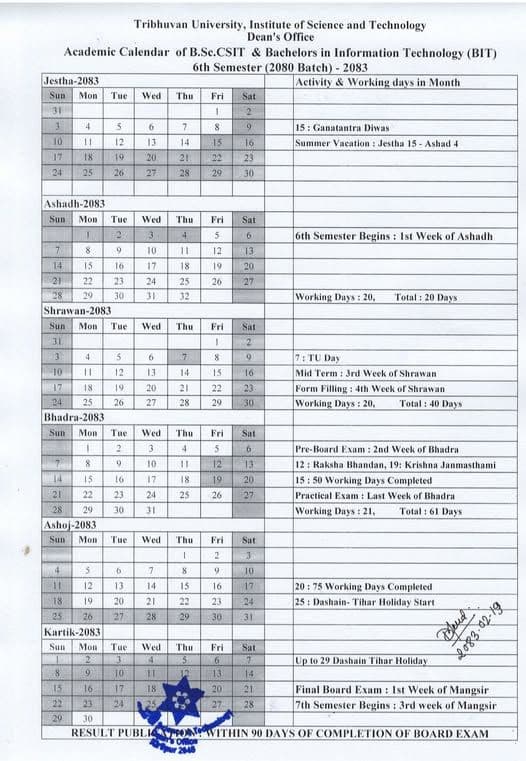 Academic Calendar of B.Sc.CSIT 6th Semester( 2080 Batch)