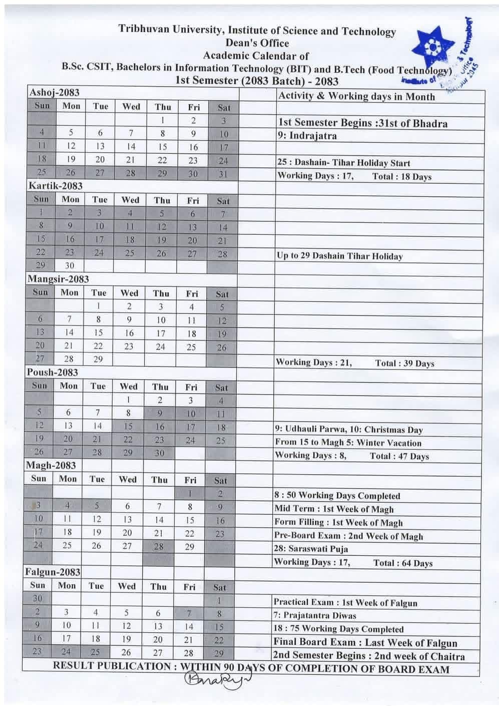Academic Calendar of B.Sc.CSIT 1st Semester( 2083 Batch)